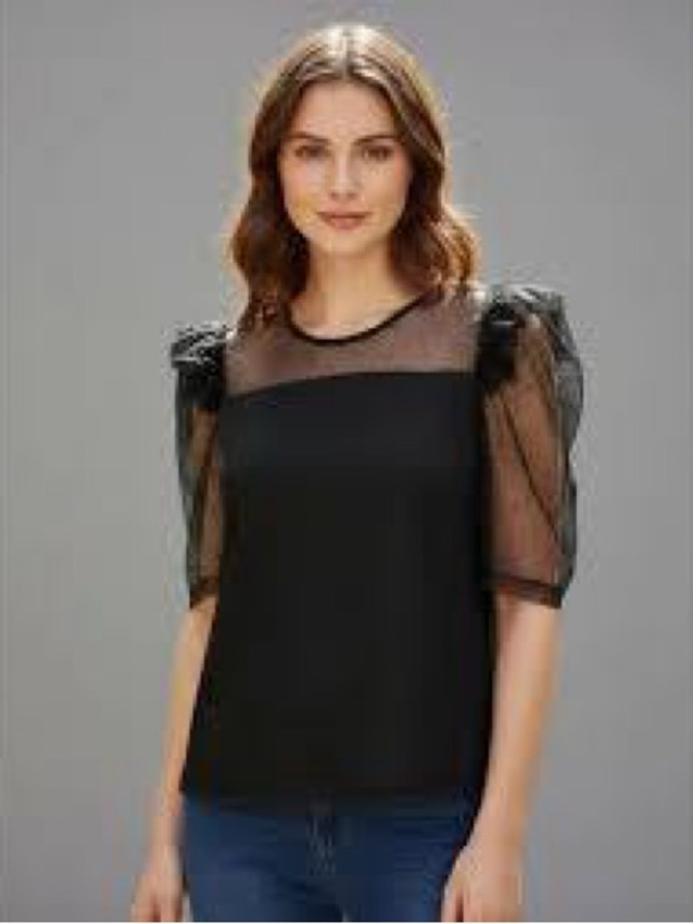 DKNY Black Sheer Yoke Puff-Sleeve Blouse